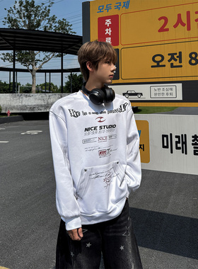 CLOTHES TRADER美式水洗做旧标语印花卫衣男圆领口袋宽松上衣潮