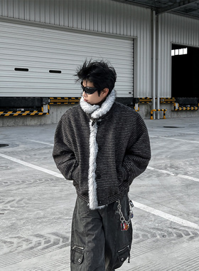 CLOTHESTRADER美式复古条纹座山雕毛领棉服夹克男女冬季加厚外套