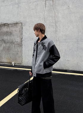 CLOTHES TRADER街头十字刺绣拼接棒球服男 毛呢皮袖金属扣外套