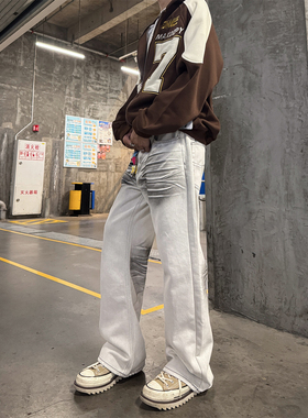 ClothesTrader复古做旧白色牛仔裤男自然脏染压褶猫须直筒阔腿裤