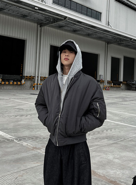 CLOTHESTRADER小众设计感假两件外套男秋冬宽松棉服连帽痞帅夹克