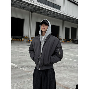 CLOTHESTRADER小众设计感假两件外套男秋冬宽松棉服连帽痞帅夹克