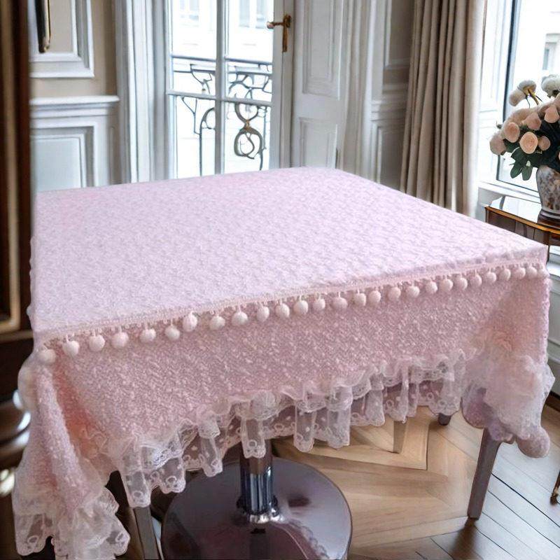 欧式家用长方形布艺蕾丝粉色毛球台布餐桌布桌布简约北欧盖巾,居家布艺,桌布,淘宝优惠券,粉丝福利购,淘宝优惠卷
