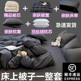 被子带被套三四件套纯色可拆洗单双人加厚保暖秋冬被褥一整套 四季