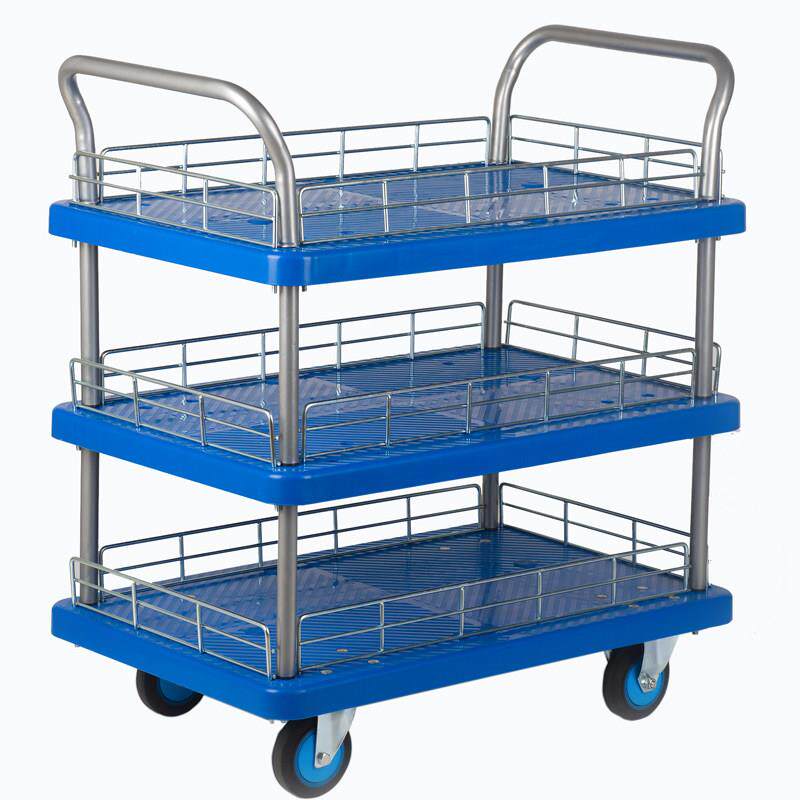 三层平板车带护栏围栏手推车搬运车推车小推车多层拉货静音工具车