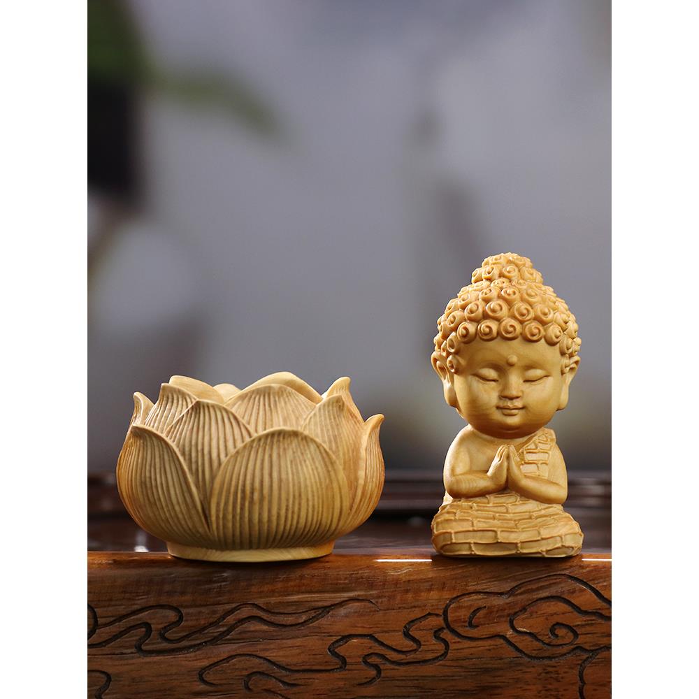 黄杨木雕刻中国婴儿佛像莲花底座释迦牟尼手柄Q版佛像装饰家居配