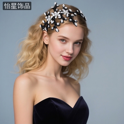 怡星新款甜酷黑色水钻枝杈发片宴会走秀精致发饰新娘头饰发卡A385