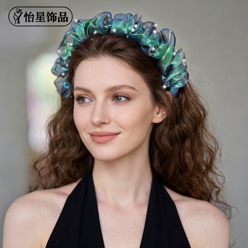 怡星重工褶皱发箍人鱼姬网纱珍珠头箍百搭显白温柔盘发发饰A441