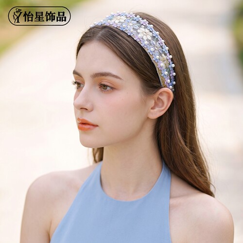 怡星新中式蓝紫绣花金边发箍仙气头箍汉服写真古典温婉头饰A437