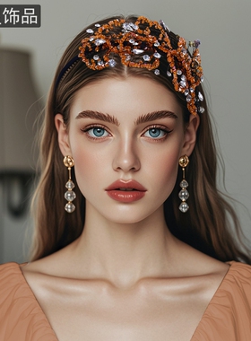 怡星橙色水晶串珠发箍复古发卡发捆头饰日韩风小清新仙气头箍A186