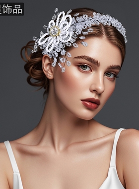 怡星 优雅水晶花朵发箍白色手工温柔镶钻头饰时尚百搭发卡A118