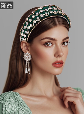 怡星优雅时尚大气发箍绿色丝绒厚海绵水钻头饰复古轻奢头箍A251
