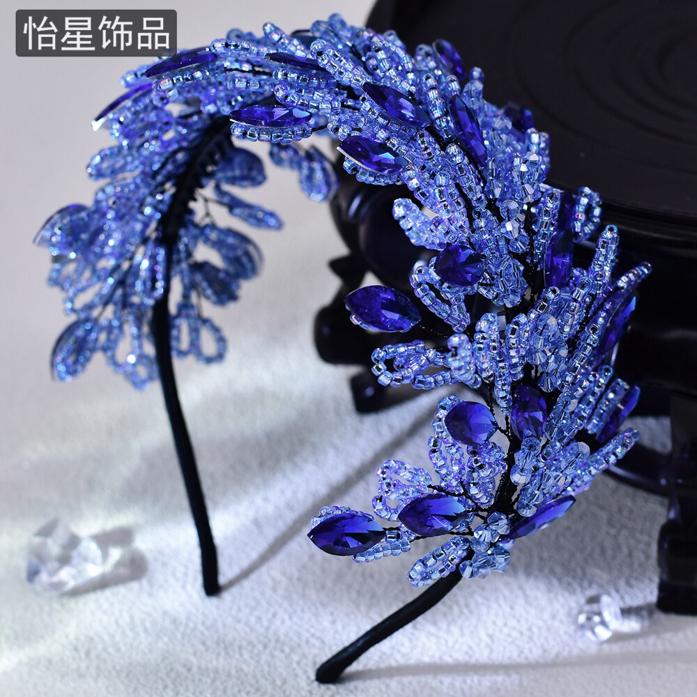 怡星蓝色水晶手工串珠发箍水钻发饰华丽精美舞台原创头饰女A165