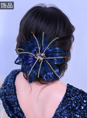 怡星蓝色水晶发饰女高级感轻奢弹簧夹女金属丝花朵夸张发夹A356