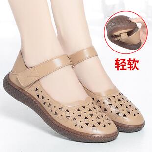 防滑老人奶奶皮鞋 中老年妈妈鞋 真皮软底软面舒适女鞋 夏季 镂空凉鞋