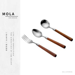 MOLA·Hanyu·刀叉家用食品级304不锈钢木柄汤勺子餐叉子 羽生