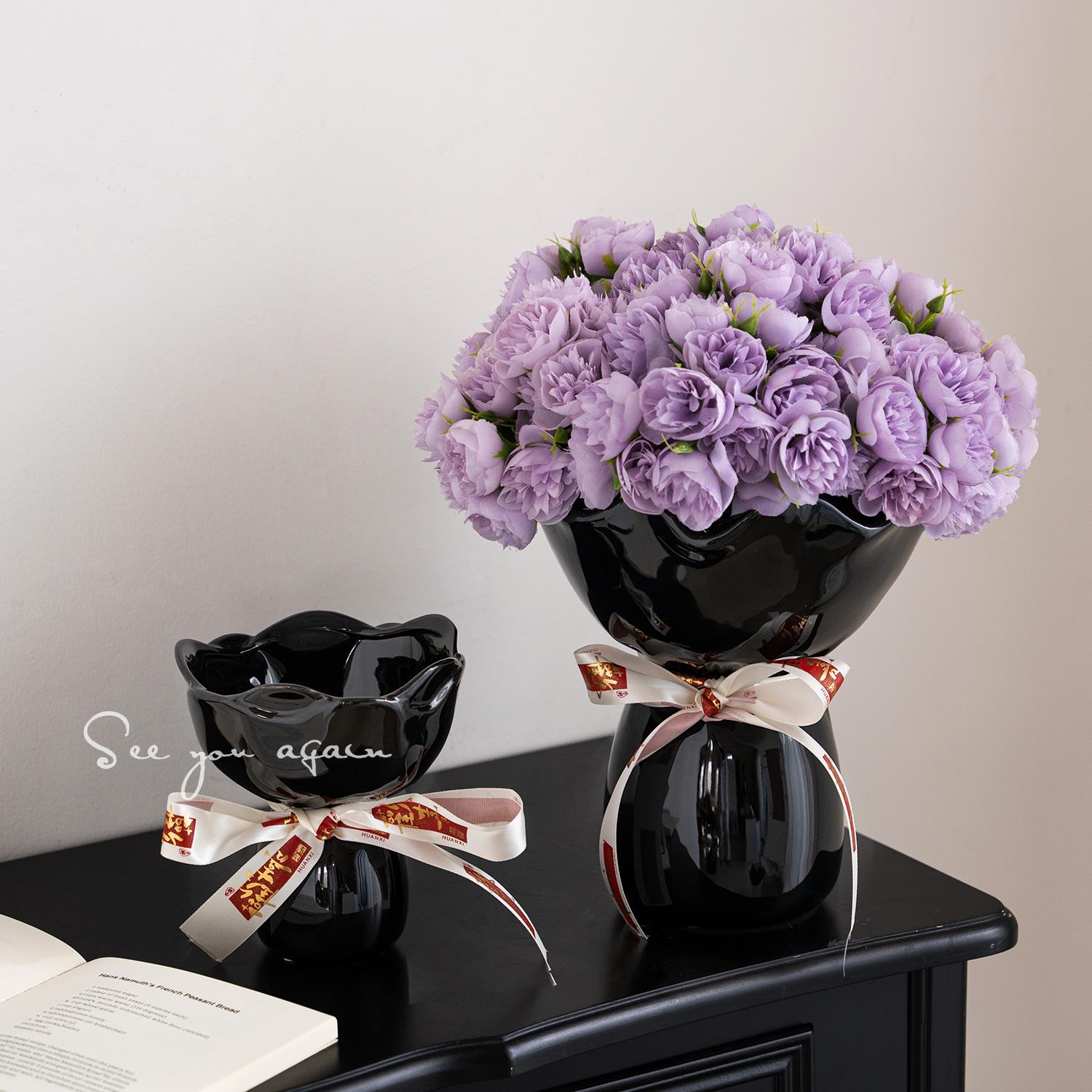 陶瓷小花瓶法式中古黑色花束设计创意大口径鲜花插花客厅轻奢摆件