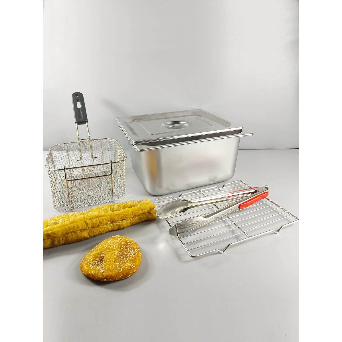 加厚不锈钢煎锅与格栅商业蜡染燃气炸串锅麻辣汤锅小吃成套工具