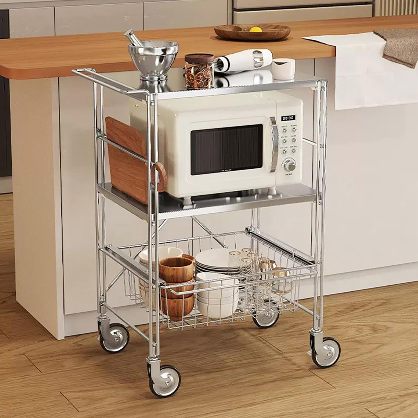 厨房置物架微波炉收纳家用不锈钢小推车餐车烤箱烤盘储物2025新款