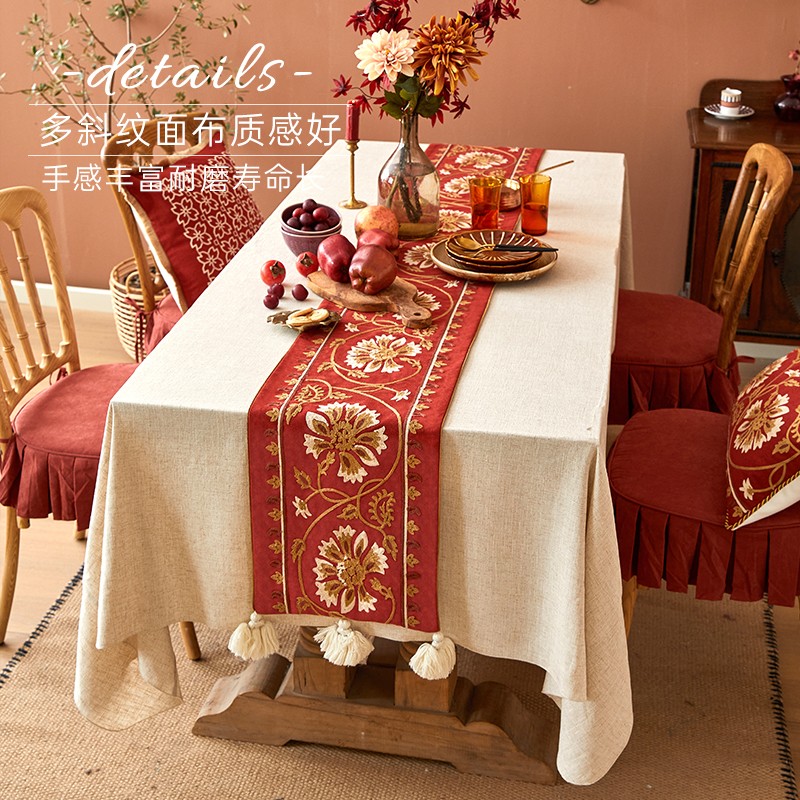 蜡笔派莫奈绯红高端婚庆红色流苏绣花桌旗中式茶几柜餐桌布装饰布