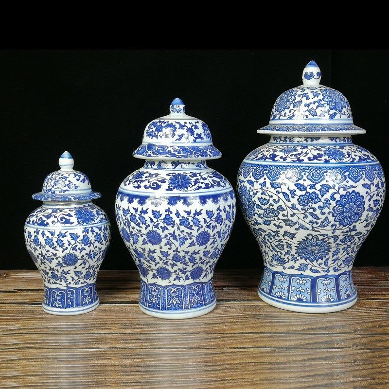 将军罐陶瓷花瓶客厅饰品中式软装酒店名宿国风陈设瓷青.花缠枝莲,家居饰品,桌面摆件,淘宝优惠券,粉丝福利购,淘宝优惠卷