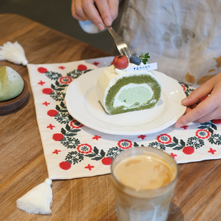 日系复古手工diy羊毛r线刺绣水果面包盖布桌子杯子垫布餐垫材料包