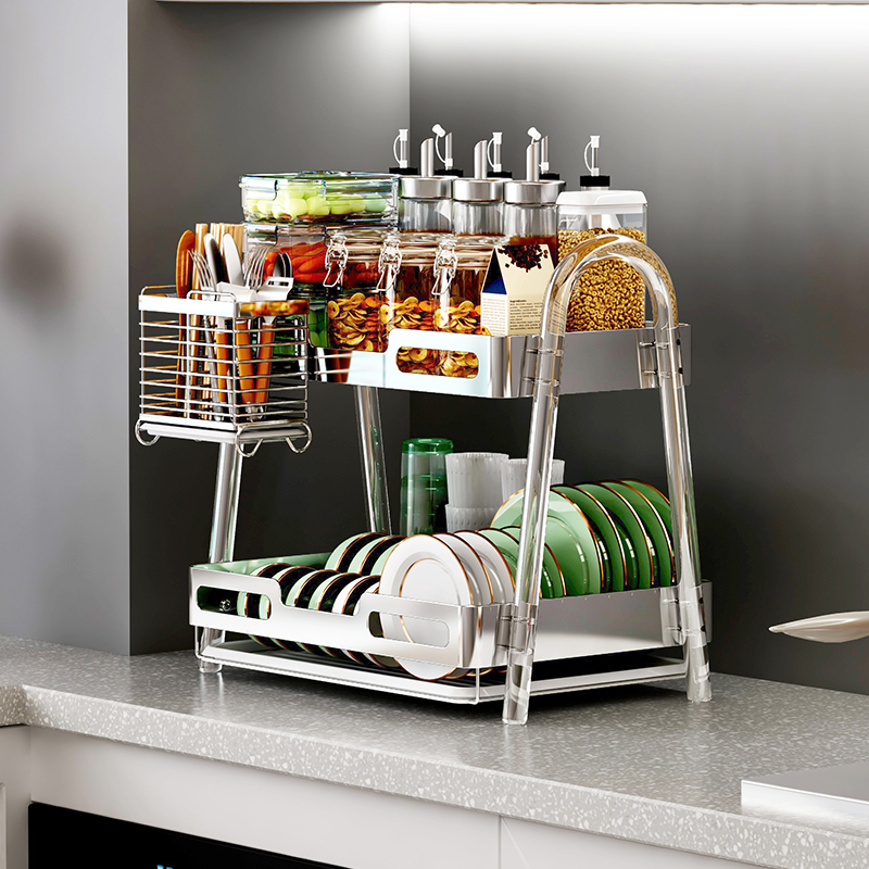 304不锈钢厨房碗碟架调味罐架筷子笼台式款盘子Q架碗架碟架两层加