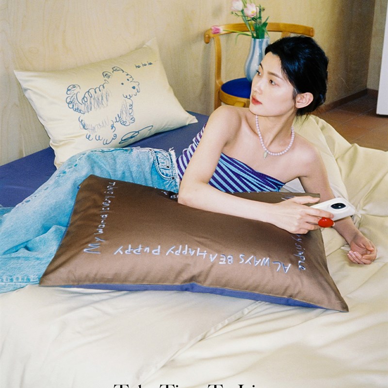 花时间生活100l支全棉四件套双股贡缎刺绣长绒棉撞色拼接印花床品