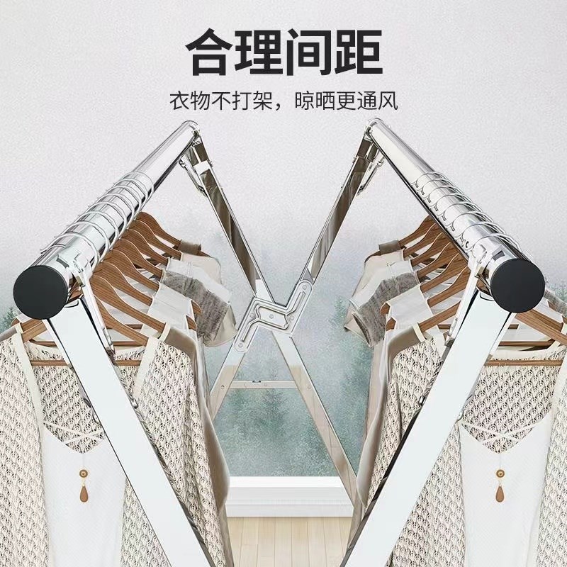 不锈钢晾衣架落地折叠室内双杆式阳台挂L衣伸缩晾衣杆室外晒衣架