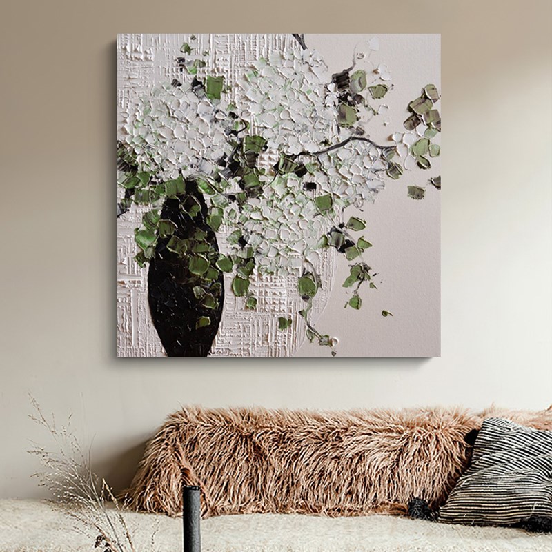 白色绣球花肌理手绘油画客厅餐厅装饰画欧式立体抽象花卉玄关挂画图片