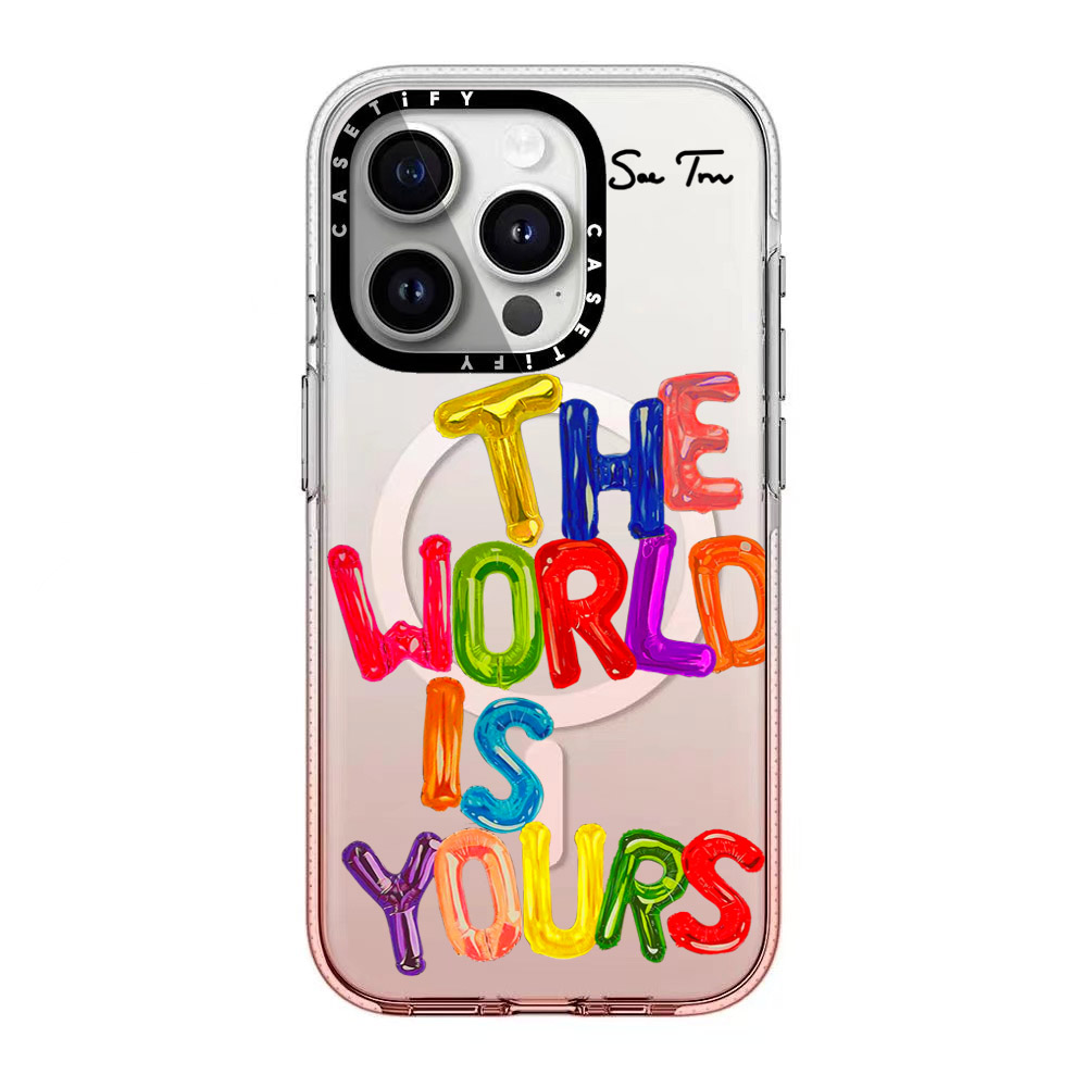 CASETi半透明粉红渐变磁吸世界是你的苹果iphone15promax可爱明星同款14pro全包防摔保护套卡通手机壳13透明