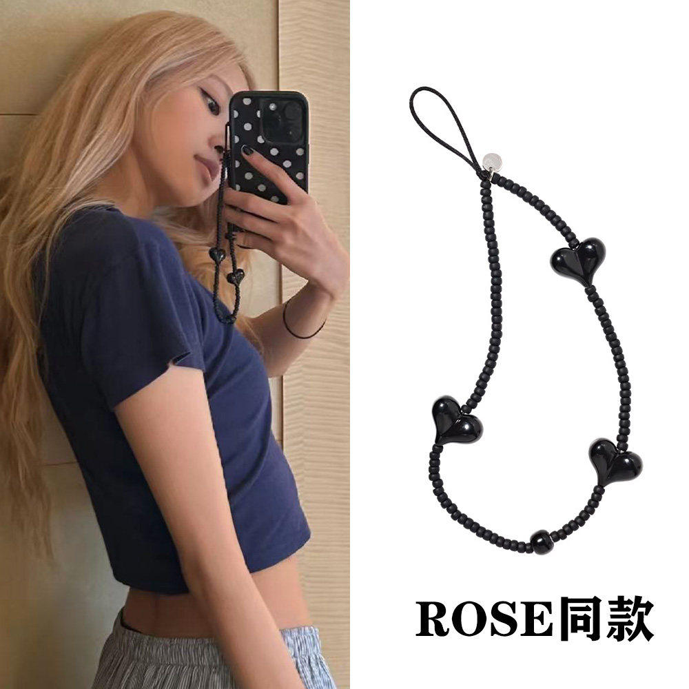 ROSE/Jennie同款黑色爱心手机链挂饰品手机壳配饰包包手机挂绳潮