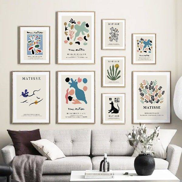 极速Matissef Coral Sun Abstract Lines Girl Dog Wall Art Canv