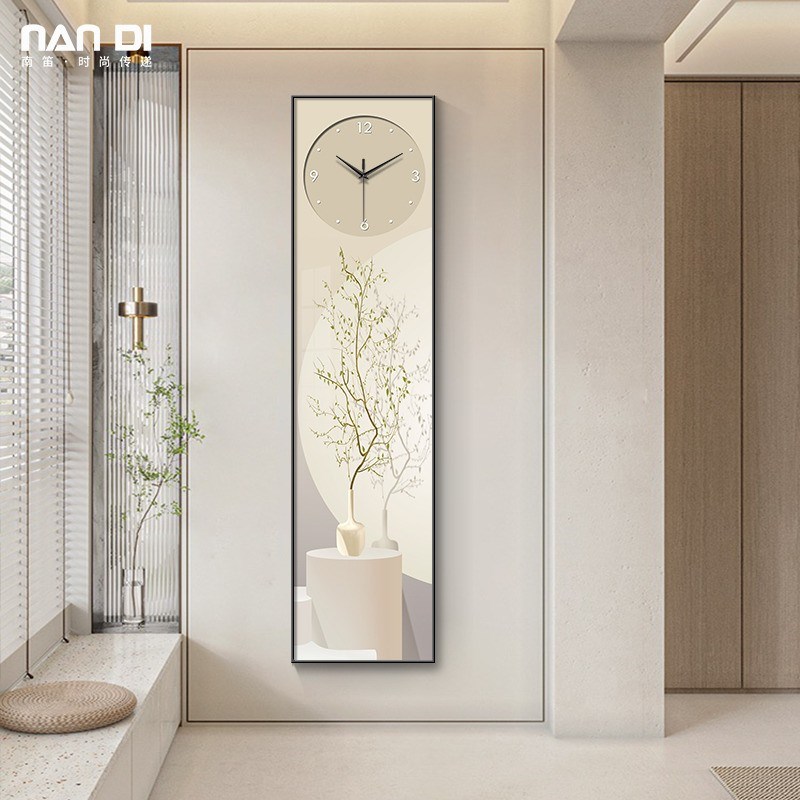 奶油风玄关装饰画l钟表挂钟客厅走廊过道挂画长条花卉创意艺术时图片