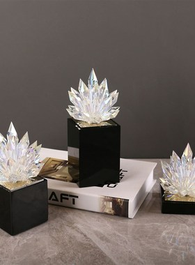 现代轻奢透明g水晶莲花桌面摆件黑色水晶底座卧室客厅家居装饰品