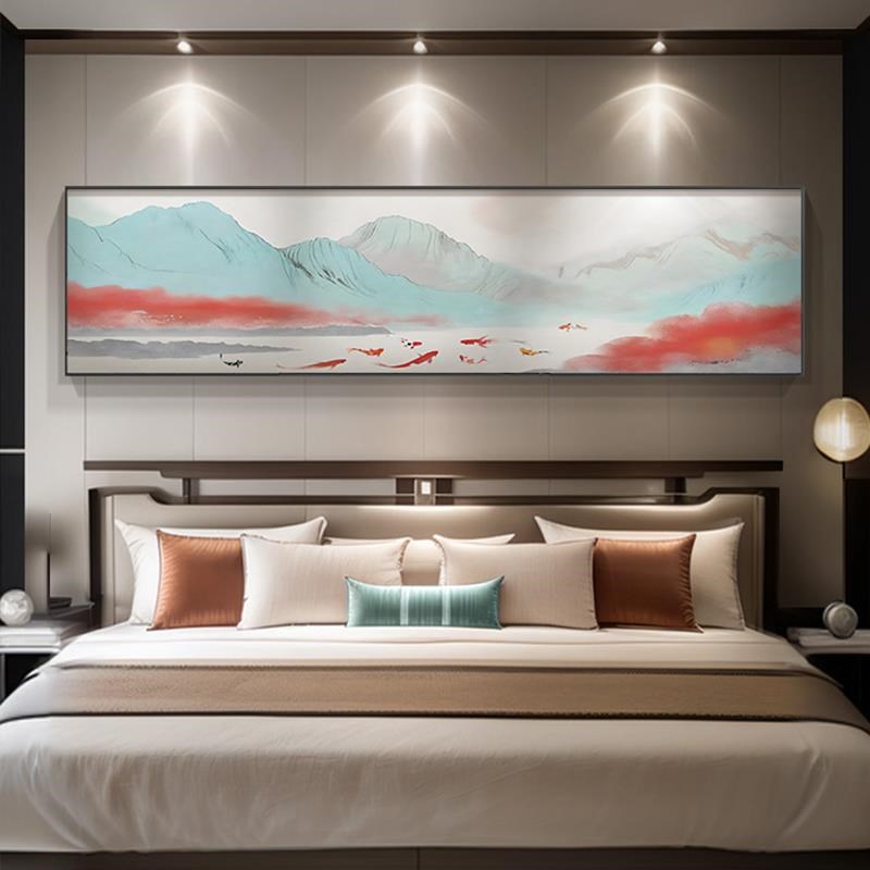 招财九鱼图卧室i装饰画山水画主卧床头挂画水墨画新中式背景墙壁图片
