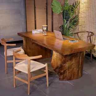 松木大板实木茶桌茶台定制整块自然边原木办公桌椅组合老板工作台