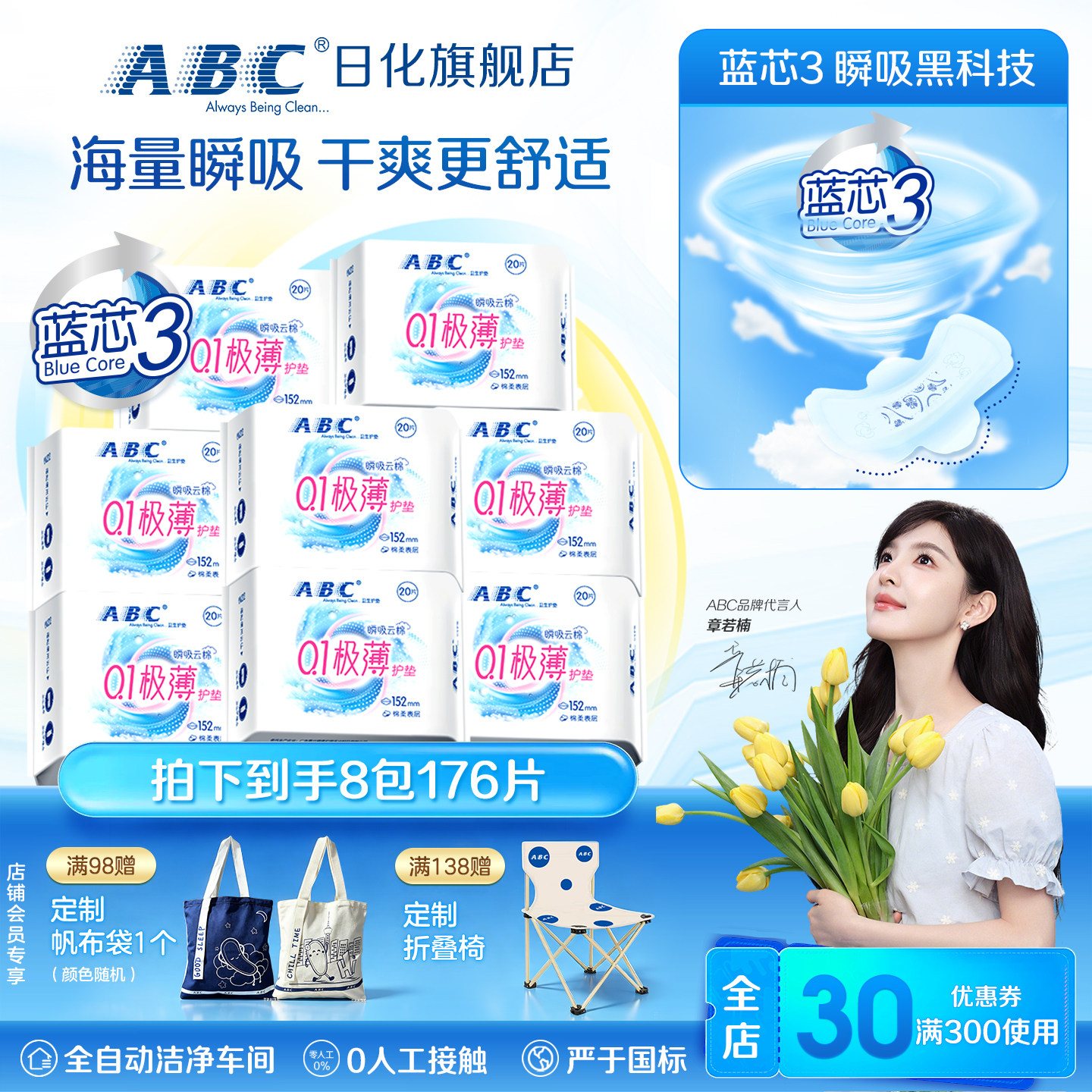 ABC卫生护垫0.1轻薄透气亲肤超薄少女日用迷你姨妈巾160片
