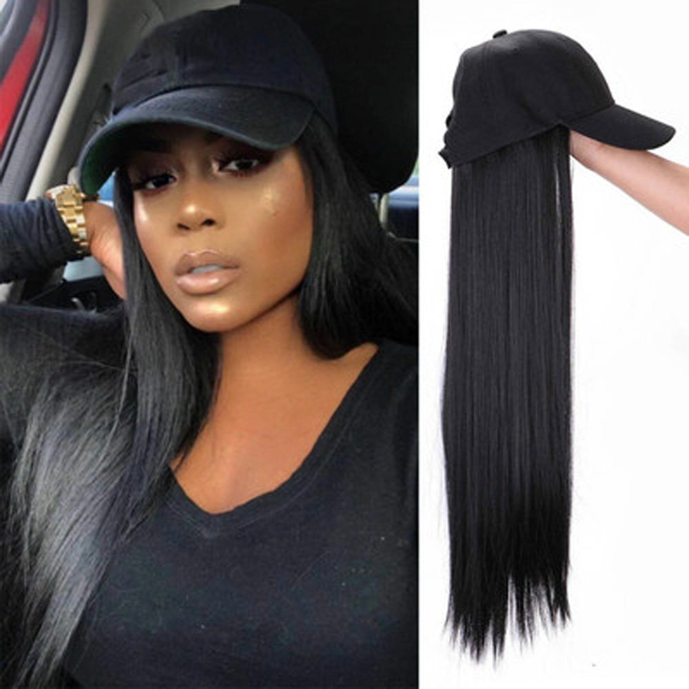 synthetic baseball cap hair wig natural black / brown long s