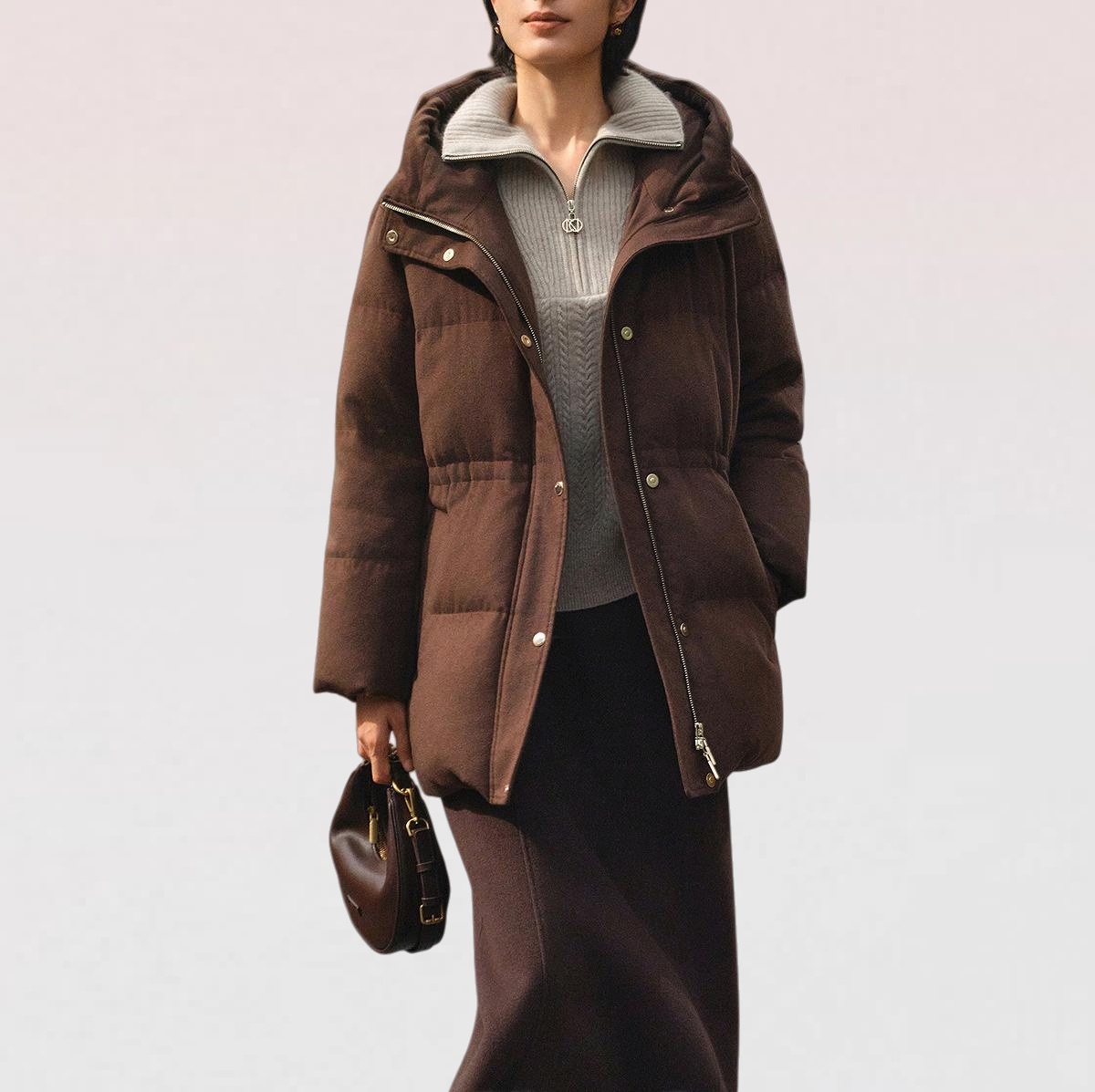 奈商场同款通勤风高级2025年冬新款赭石棕连帽羽绒服时尚保暖外套