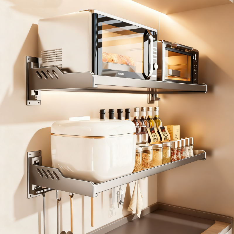 枪灰厨房置物架免打孔壁挂调料架加宽调味品多功能家用大全收纳架