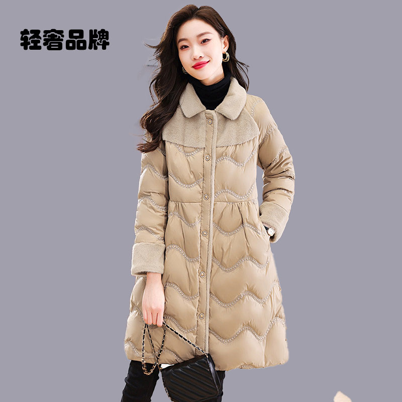 朗姿约定高端仿水貂绒中长款刺绣羽绒服女2026冬季新款白鸭绒外套