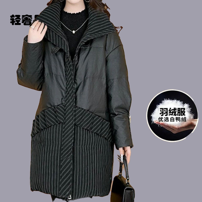 朗姿约定印花保暖羽绒服2026女新款冬季中长款立领白鸭绒显瘦外套