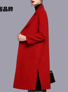 红色双面无羊绒大衣女妮子2025秋冬新中长版赫本风毛呢外套风衣