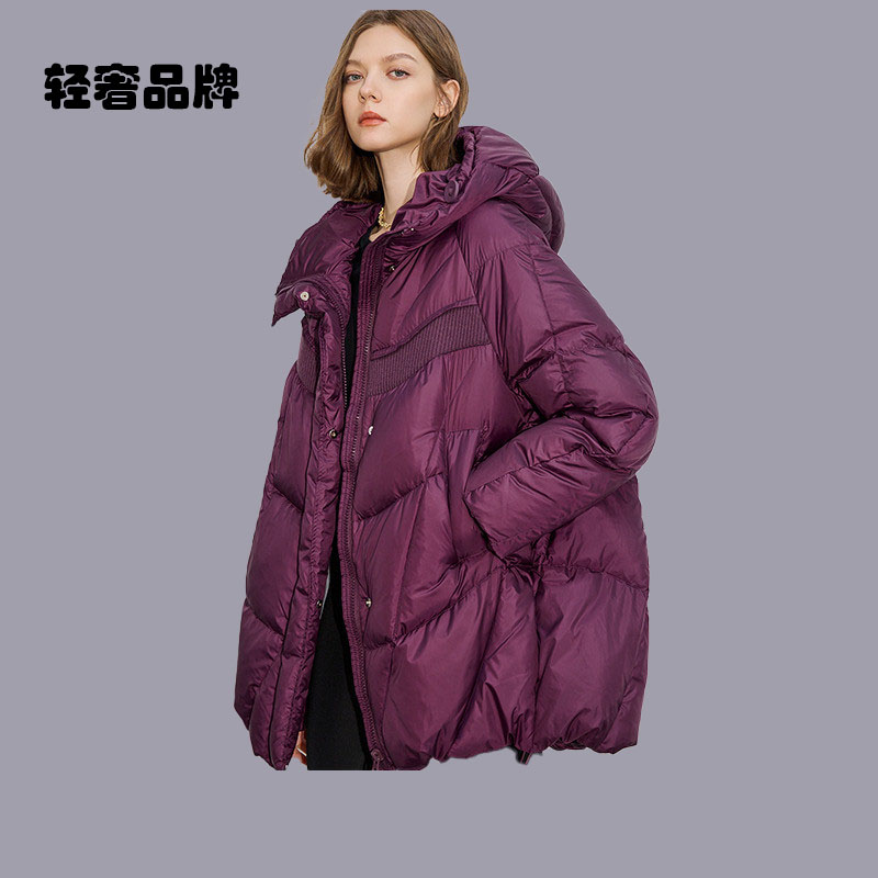 朗姿约定中长款茧型连帽羽绒服女2026年冬季新款白鸭绒面包服外套
