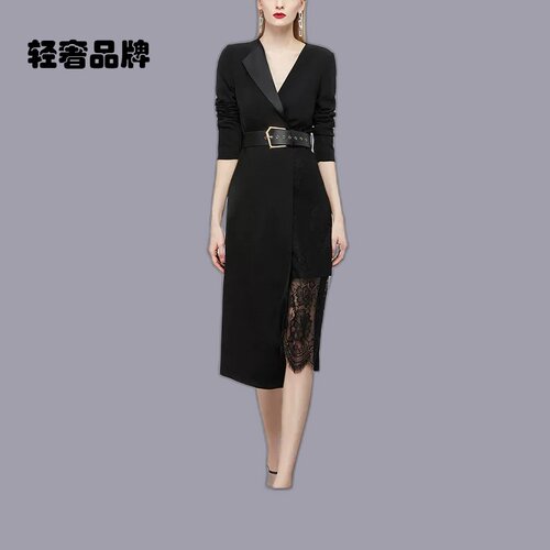 AUI欧洲站黑色中长款不规则V领连衣裙女春2025新款拼接蕾丝裙子