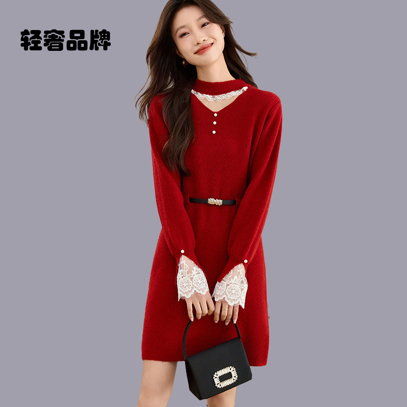 朗姿约定蕾丝拼接针织打底连衣裙女秋冬季2026新款中长款毛衣裙