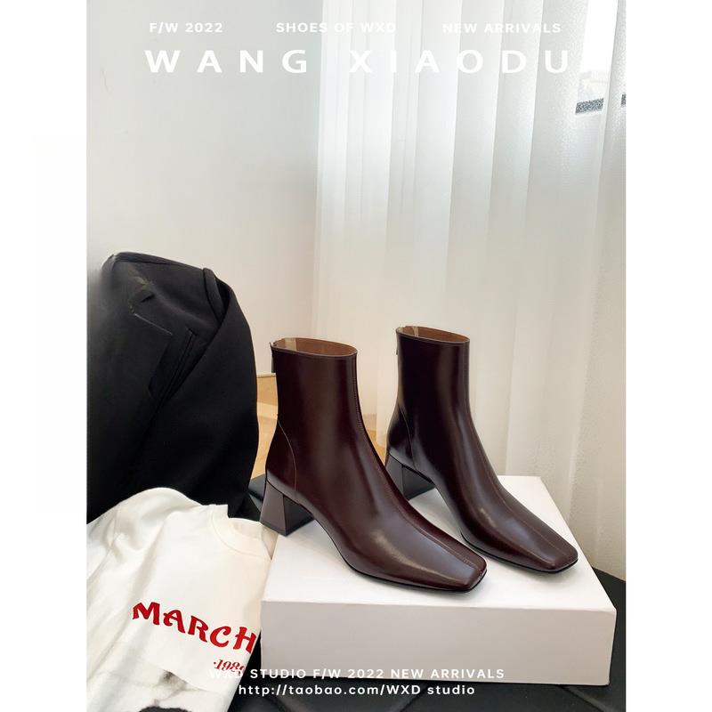 【王小毒】巴黎暖阳●方头法式粗高跟弹力瘦瘦靴女短靴新款皮袜靴