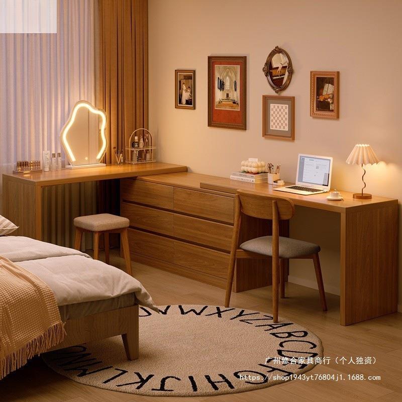 实木梳妆台电脑桌书桌生态板卧室落地斗柜妆台一体转角移动化妆桌