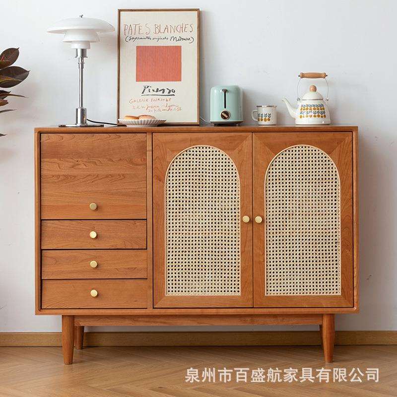日式樱桃木餐边柜家用多格抽屉收纳茶水柜客厅卧室创意藤编储物柜